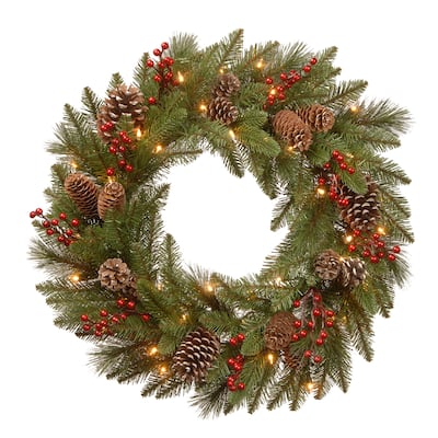National Tree Company 2 ft. Feel Real Bristle Berry Wreath with Battery Operated LED Lights - 2 ft