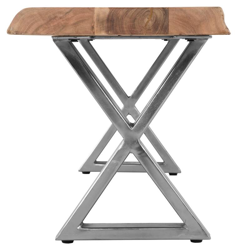 70" Acacia Wood Dining Bench, Farmhouse Design, Crossed Legs, Brown, Chrome - Brown