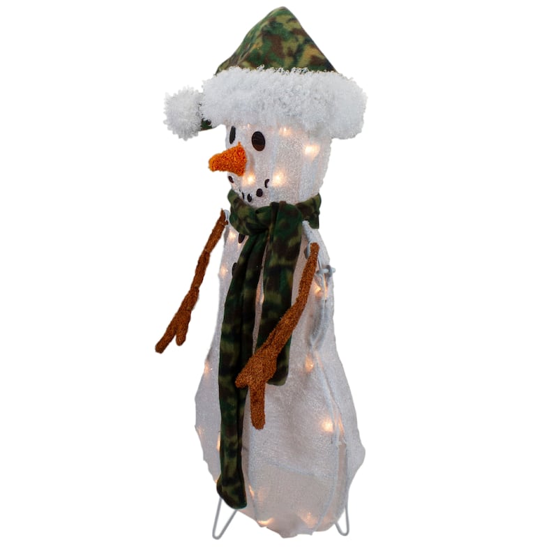 24" Lighted White and Green Chenille Snowman Outdoor Christmas Decoration