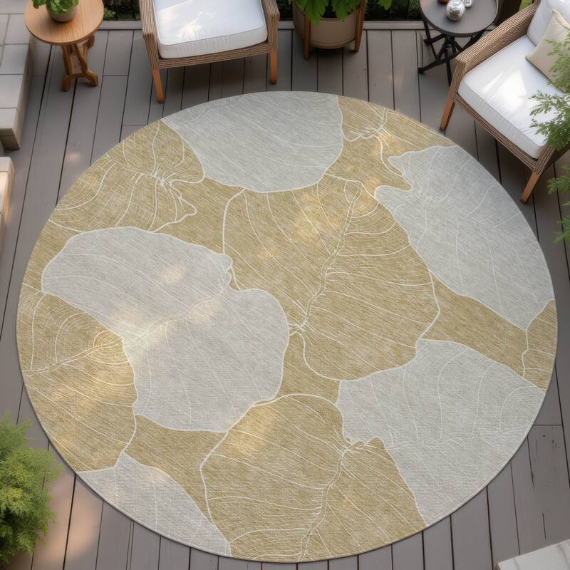 Machine Washable Indoor/ Outdoor Tropical Floral Chantille Rug - Gold - 8' x 8'