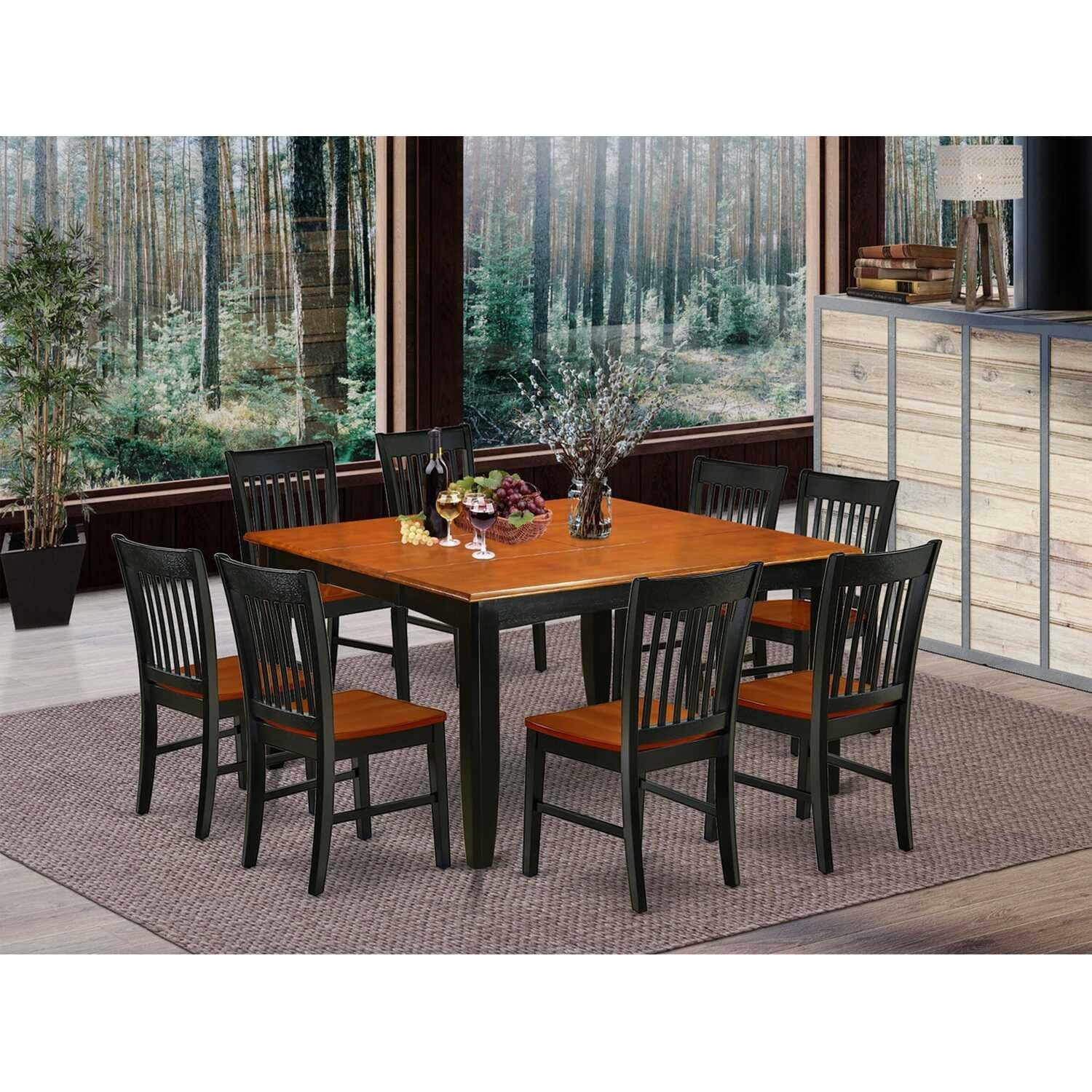 HomeStock 9-Pc Square Black & Cherry Finish Solid Wood Top Dining Table with 8-Chairs with Butterfly Leaf