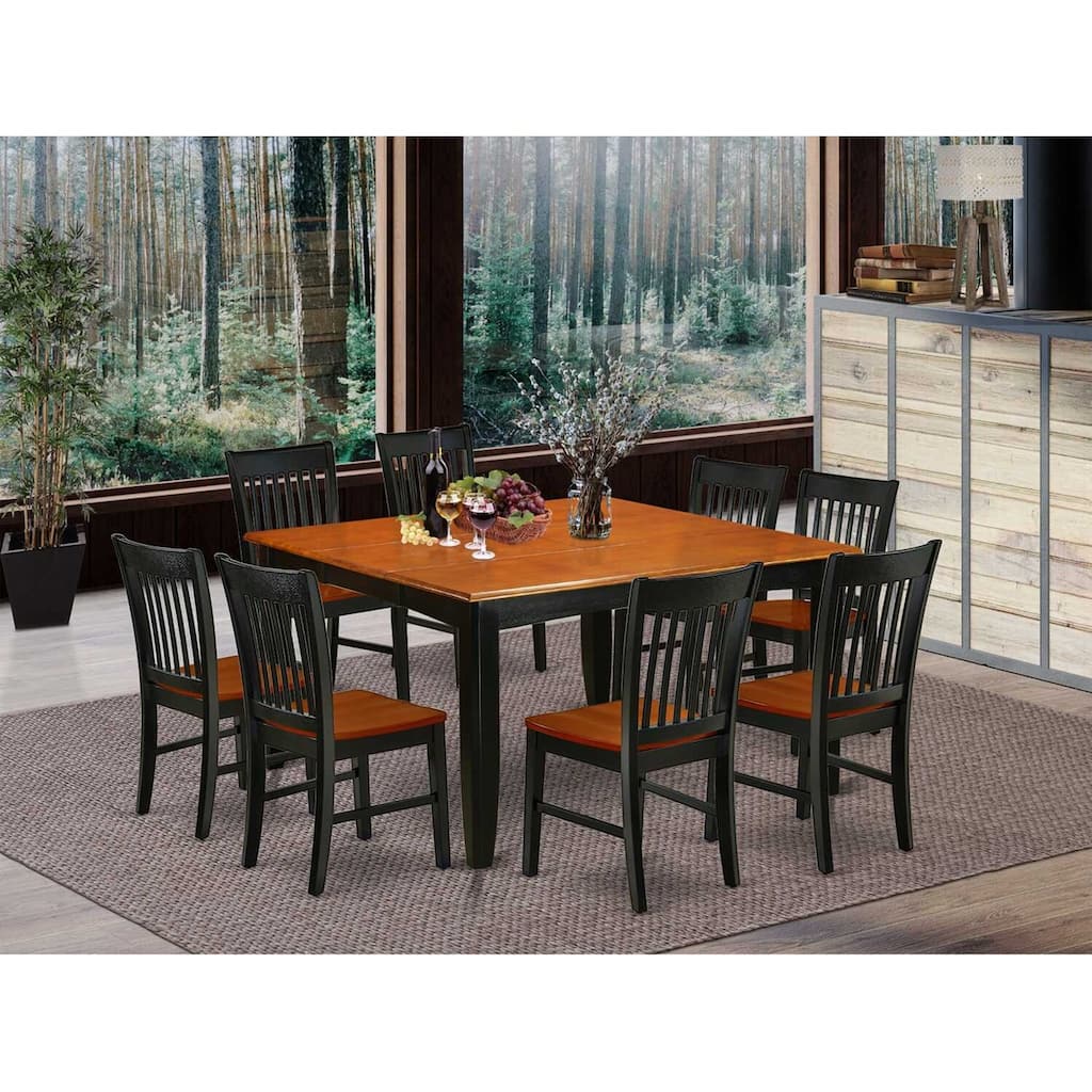 HomeStock 9-Pc Square Black & Cherry Finish Solid Wood Top Dining Table with 8-Chairs with Butterfly Leaf