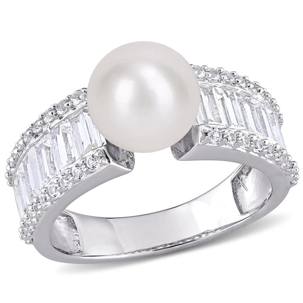 Miadora Sterling Silver FW Cultured Pearl & Created White Sapphire Multi-row Cocktail Ring (8-8.5mm)