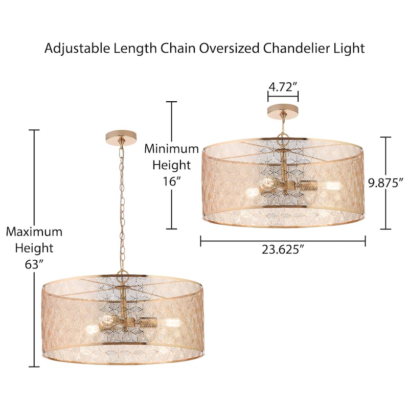 Haileigh River of Goods Gold Metal Drum-Shade Hanging Chandelier - 23.625" x 23.625" x 16/63"
