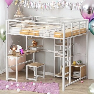 Full Size Loft Bed with Desk,Stool,Wardrobe,Shelves and Cabinet for Home