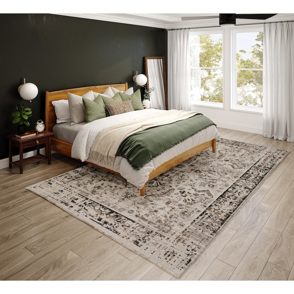 Nelson Vintage Distressed Medallion Gray Machine Made Rug
