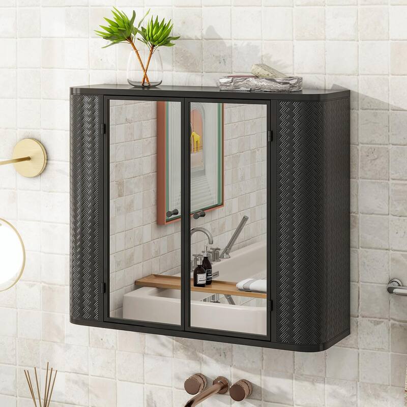 Wall-Mounted Mirror Cabinet - 2 Doors, Steel Frame, Waterproof - Black