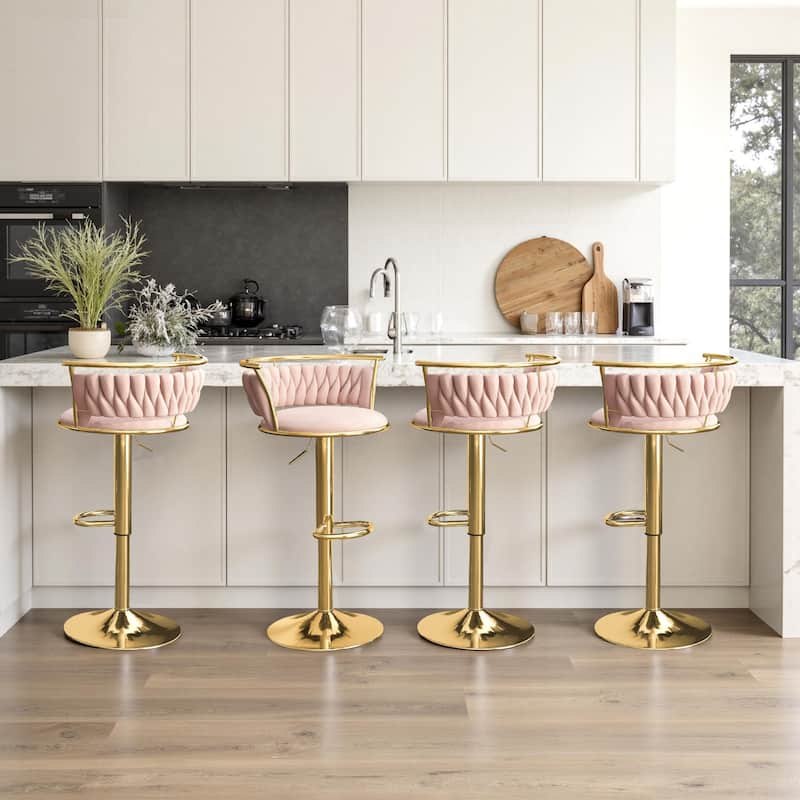 4 Set Modern Velvet Adjustable Swivel Bar Stools with Metal Frame - Gold/Pink