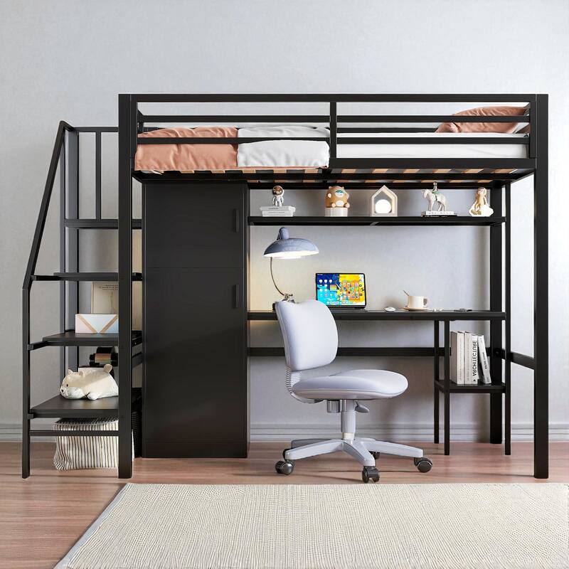 Metal Twin Loft Bed with Desk, Wardrobe, Shelf, and Storage Staircase, No Box Spring Needed - Black - Twin