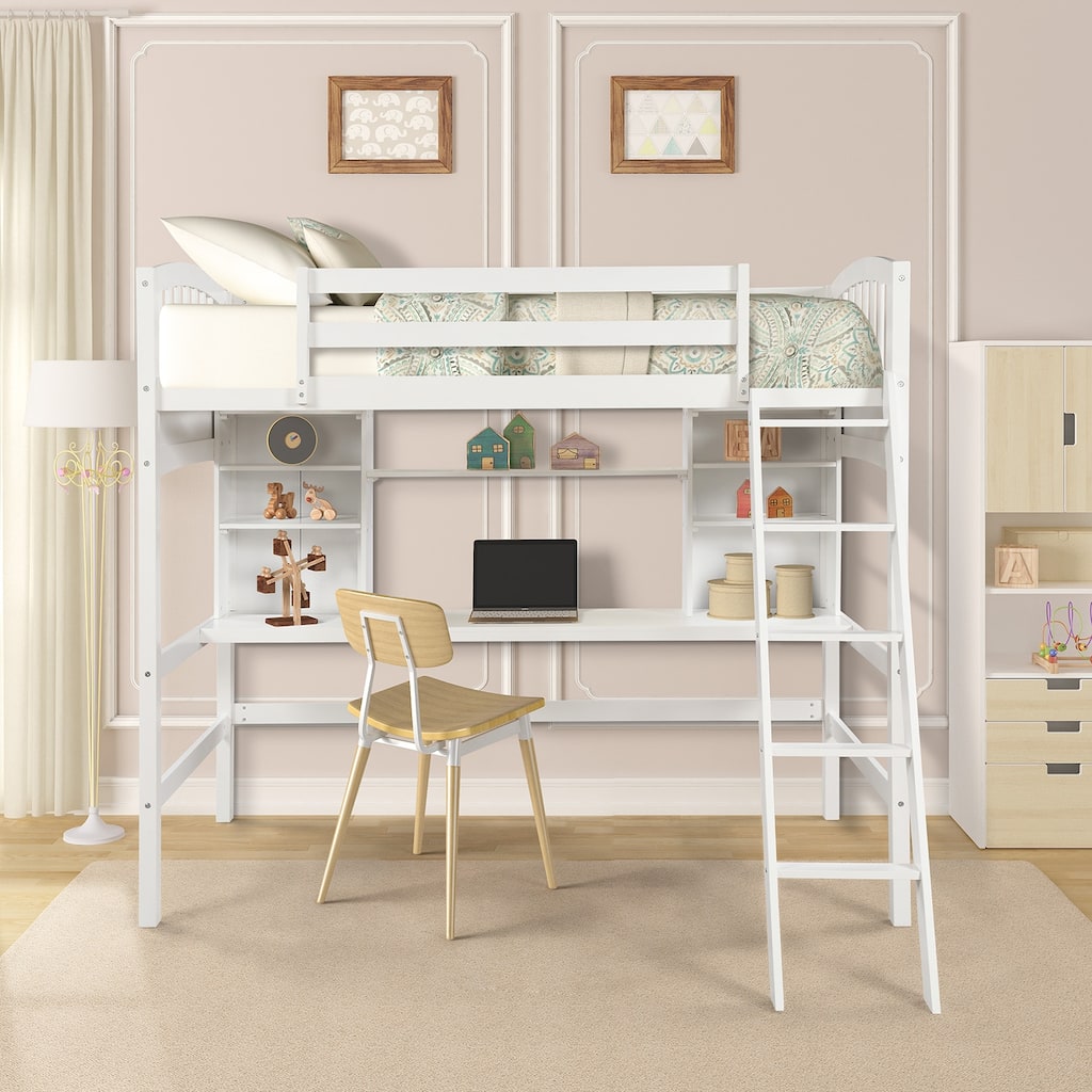 Space-Saving Bookcase Bed Twin Size Loft Bed with Built-in Desk, Storage Shelves, Convertible Ladder and Safety Guardrails
