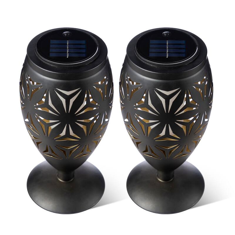 Glitzhome 8.75"H Set of 2 Black Metal Cutout Geometric Pattern Solar Powered Outdoor Lantern with LED Light