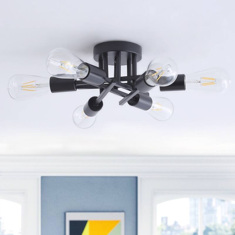 Modern Black 6-Light Unique Sputnik Semi Flush Mount Lighting Fixture - Black
