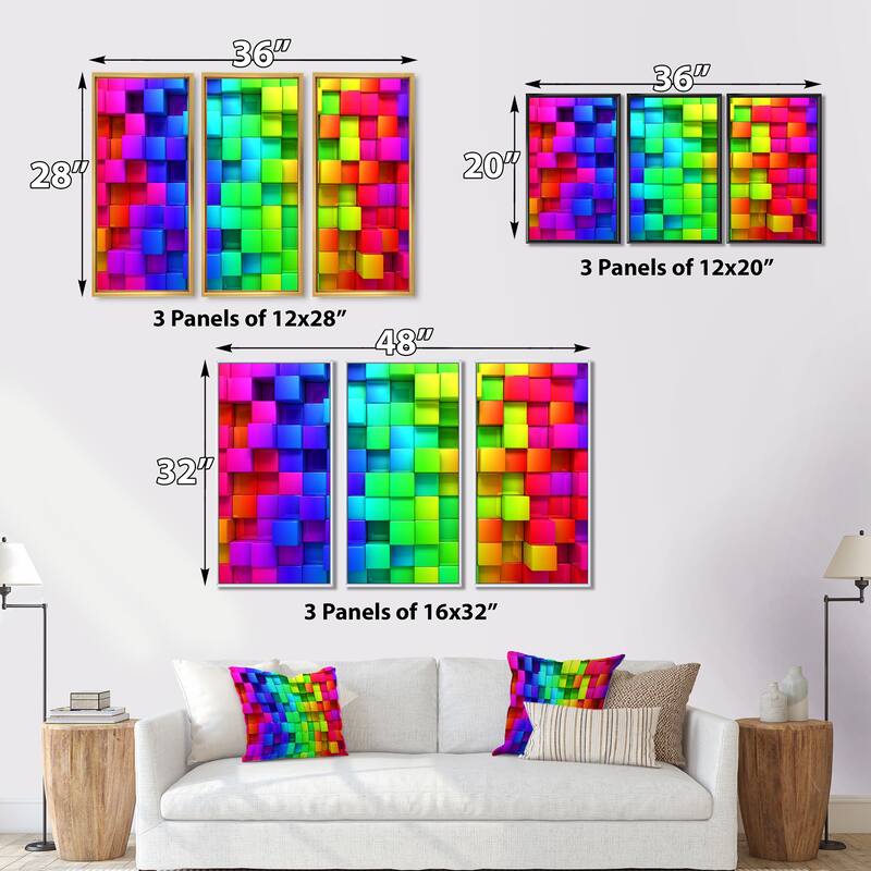 Designart "Rainbow of Colorful Boxes" Abstract Framed Art Set of 3 4