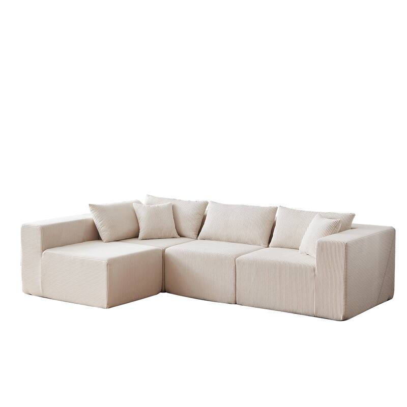 Corduroy Convertible Sectional Cloud Sofa, Foam-Filled Compressed Boneless Sofa, Modular L Shaped Floor 4 Seat Sofa