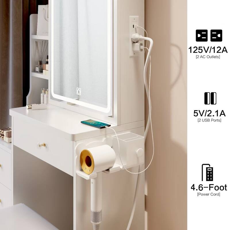 Left Cabinet Makeup Vanity with LED Mirror and USB Power Station and Cushioned Stool