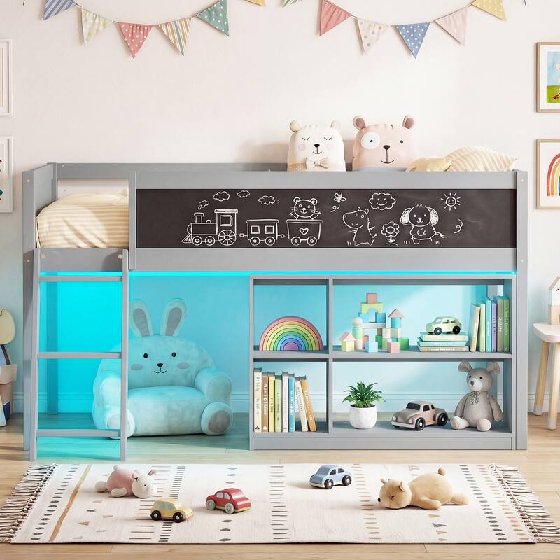Gymax Kids Loft Bed w/LED Lights Chalkboard & Removable Bookcase