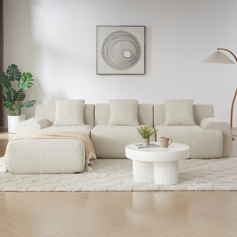 113" Modern L-Shaped Corduroy Upholstery Modular Sectional Sofa with Deep Seat and Movable Ottoman