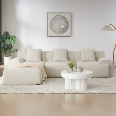 113" Modern L-Shaped Corduroy Upholstery Modular Sectional Sofa with Deep Seat and Movable Ottoman