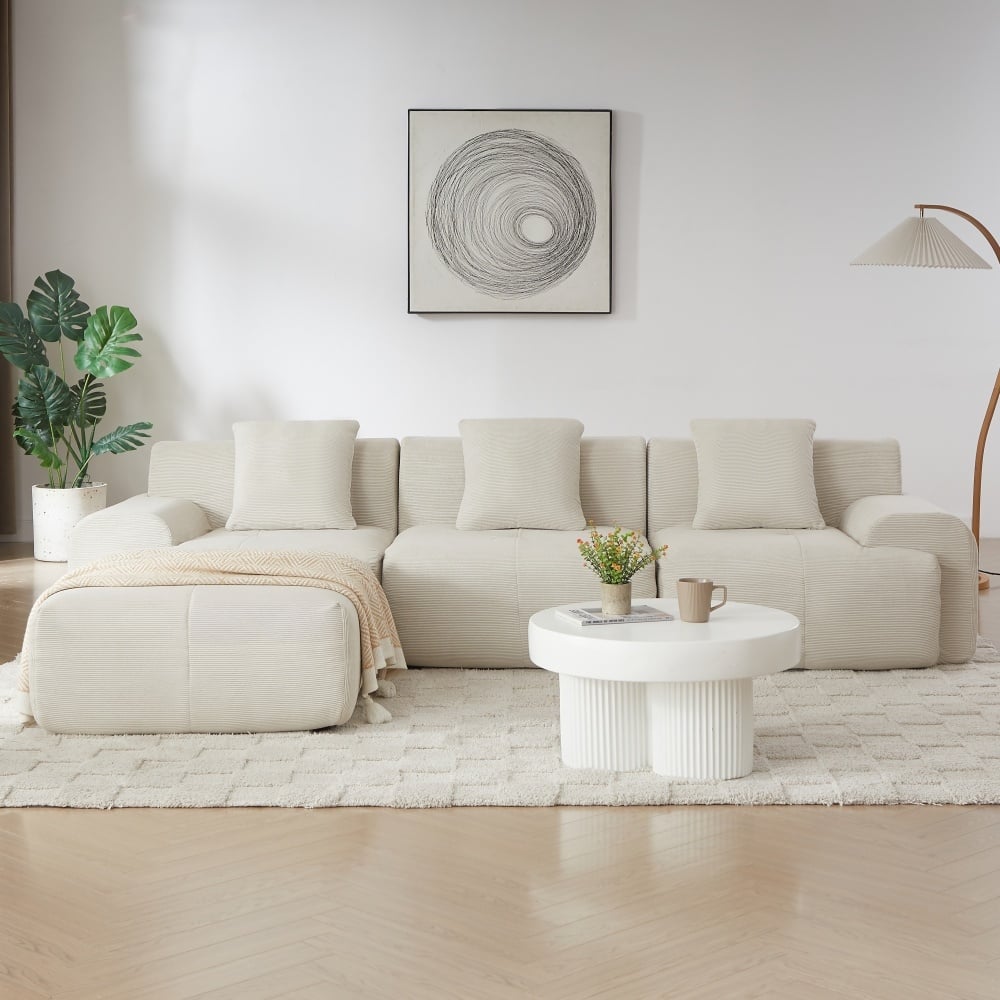 113" Modern L-Shaped Corduroy Upholstery Modular Sectional Sofa with Deep Seat and Movable Ottoman