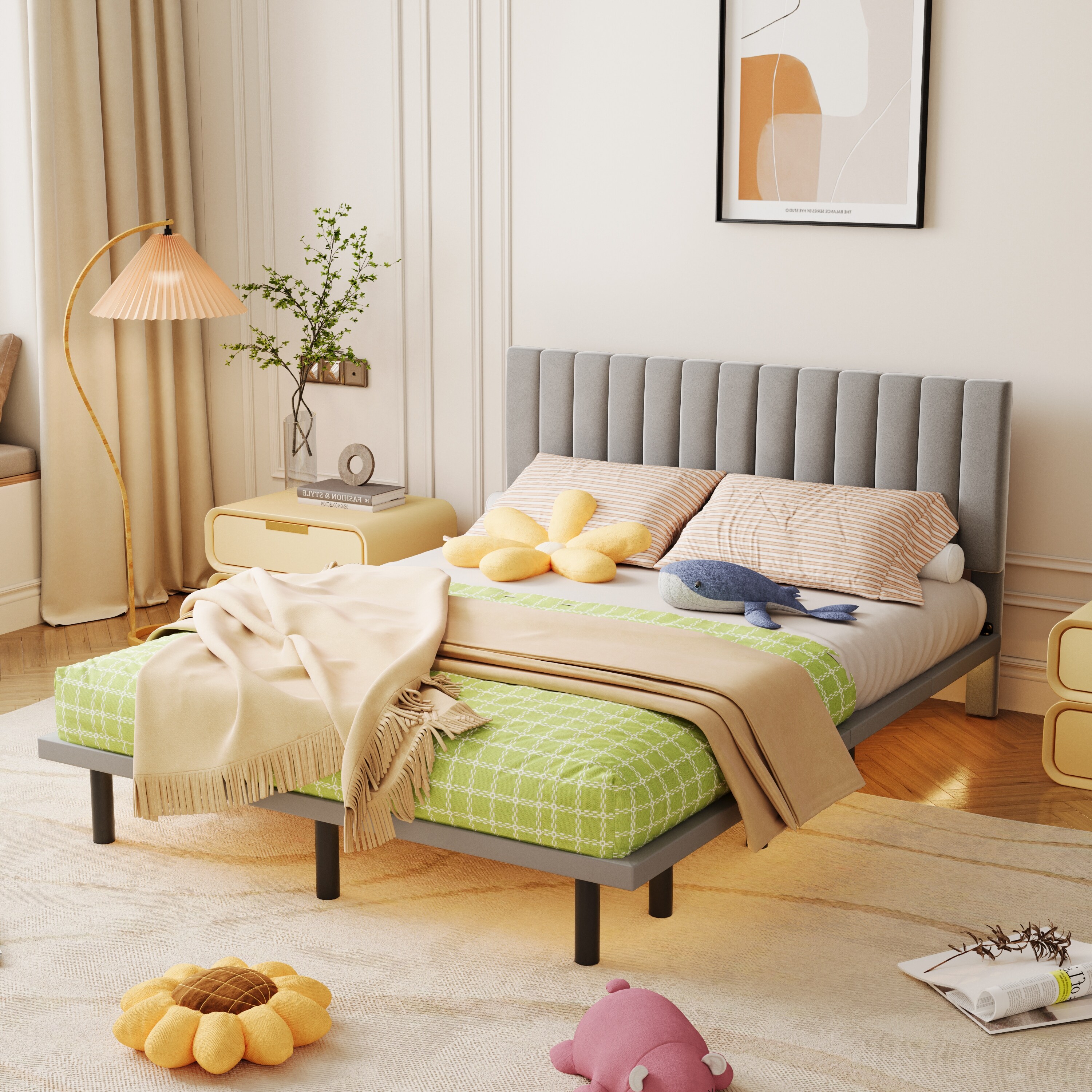 Queen Size Upholstered Bed with Sensor Light and Headboard Floating Velvet Platform Bed