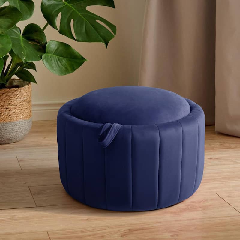 30" W Round Velvet Upholstered Storage Ottoman with Flip Top Tray
