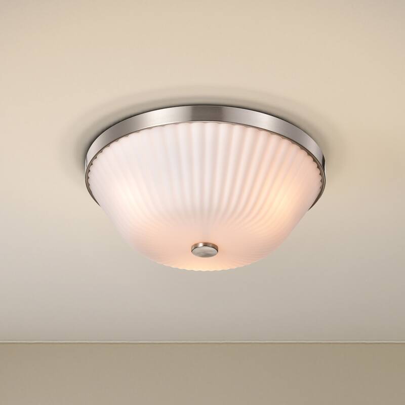 Royale 3 Light Flush Mount Brushed Nickel Finish Ribbed White Glass - Brushed Nickel