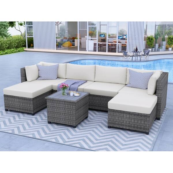 7 Piece Outdoor Ratten Sofa Sectional Seating Group with Cushions Bed