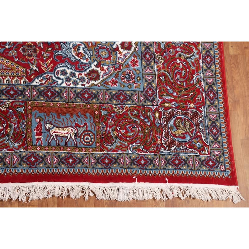 Pictorial Red Floral Kashan Turkish Area Rug Machine-Made Carpet - 9'8" x 12'11"