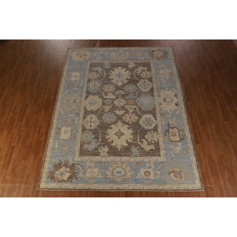 Hand Knotted Oriental 100% Wool Carpet Transitional All-Over Brown Oushak Area Rug - 11' 10'' X 9' 2''