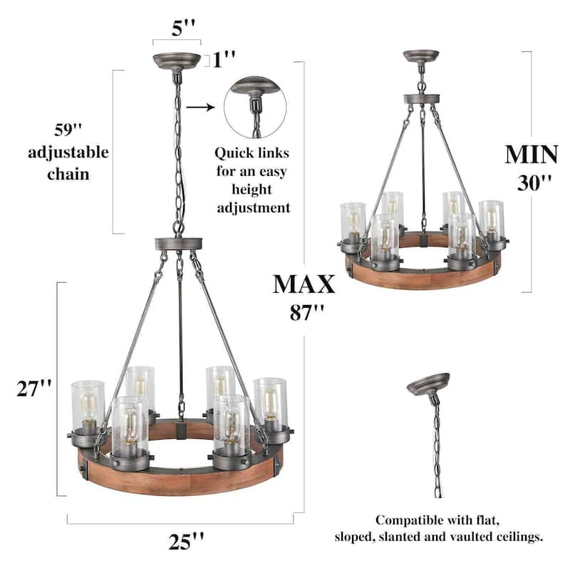 The Gray Barn 6-Light Farmhouse Wood Wagon Wheel Chandelier - D24.8"x H 27.2"