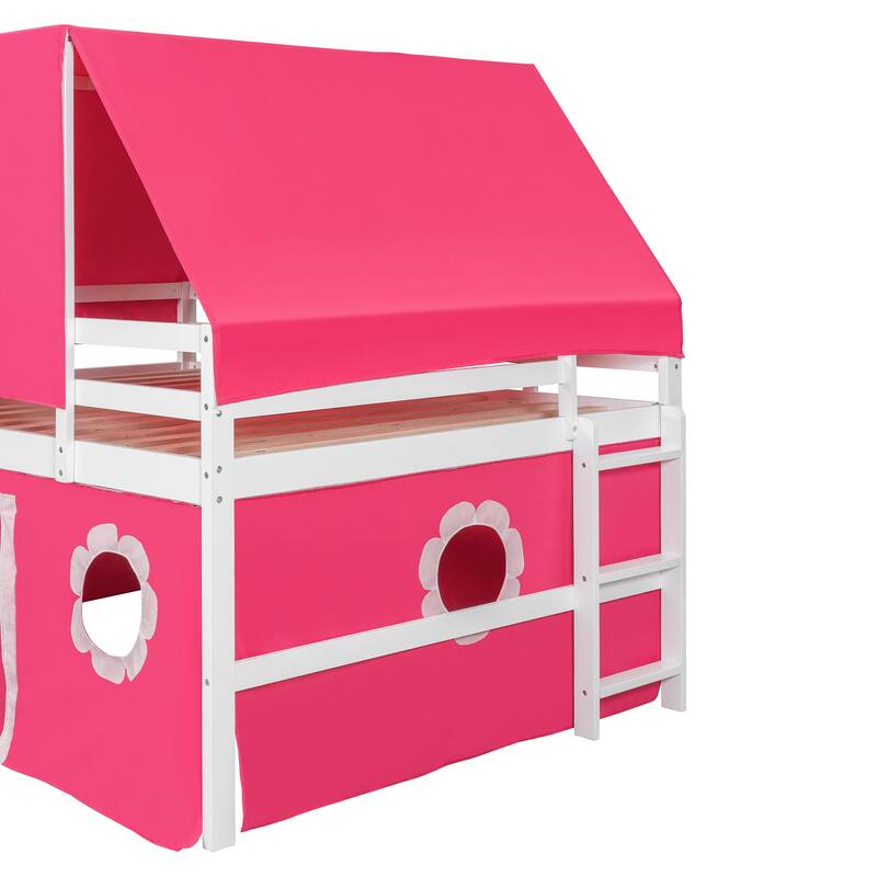 Castle Frame Bed Wood Loft Bed Loft Bed Convertible To Mini Playground with Pink Tent and Tower, Child Bed Tent