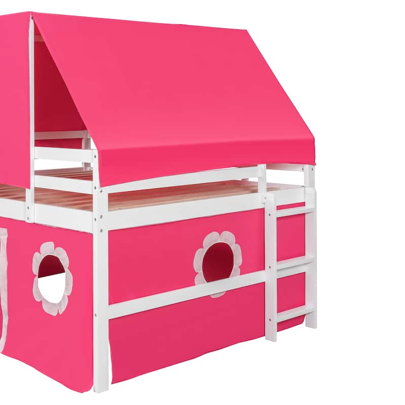 Kids Loft Bed Bed Castle-Shaped Bunk Bed with Slide and Safety Guardrail, Playhouse Bed with Tent & Tower Decor for Kids