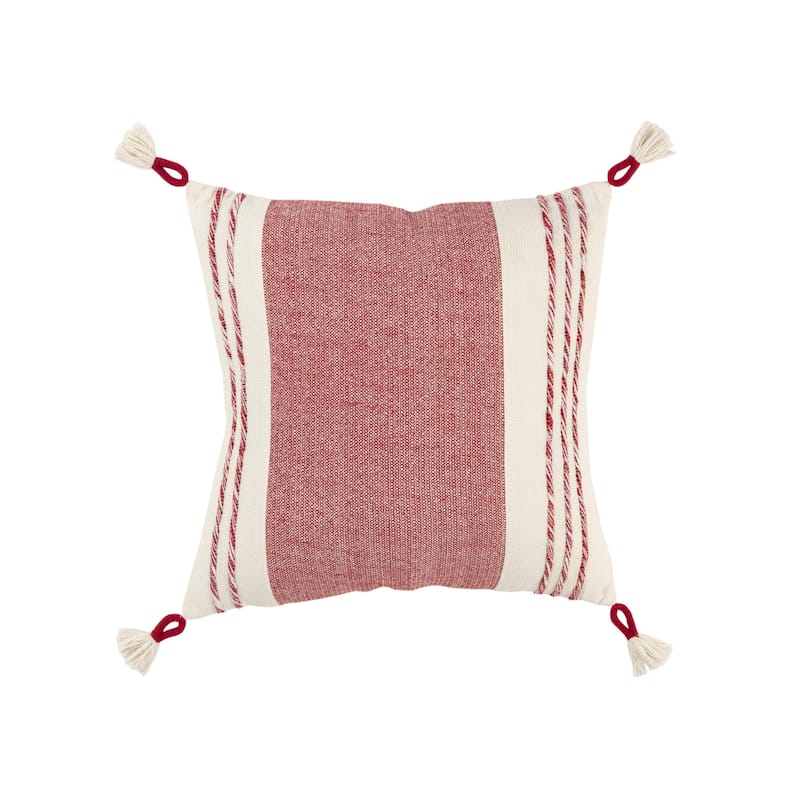 HomeRoots 20" Red and White Color Block Cotton Throw Pillow With Tassels