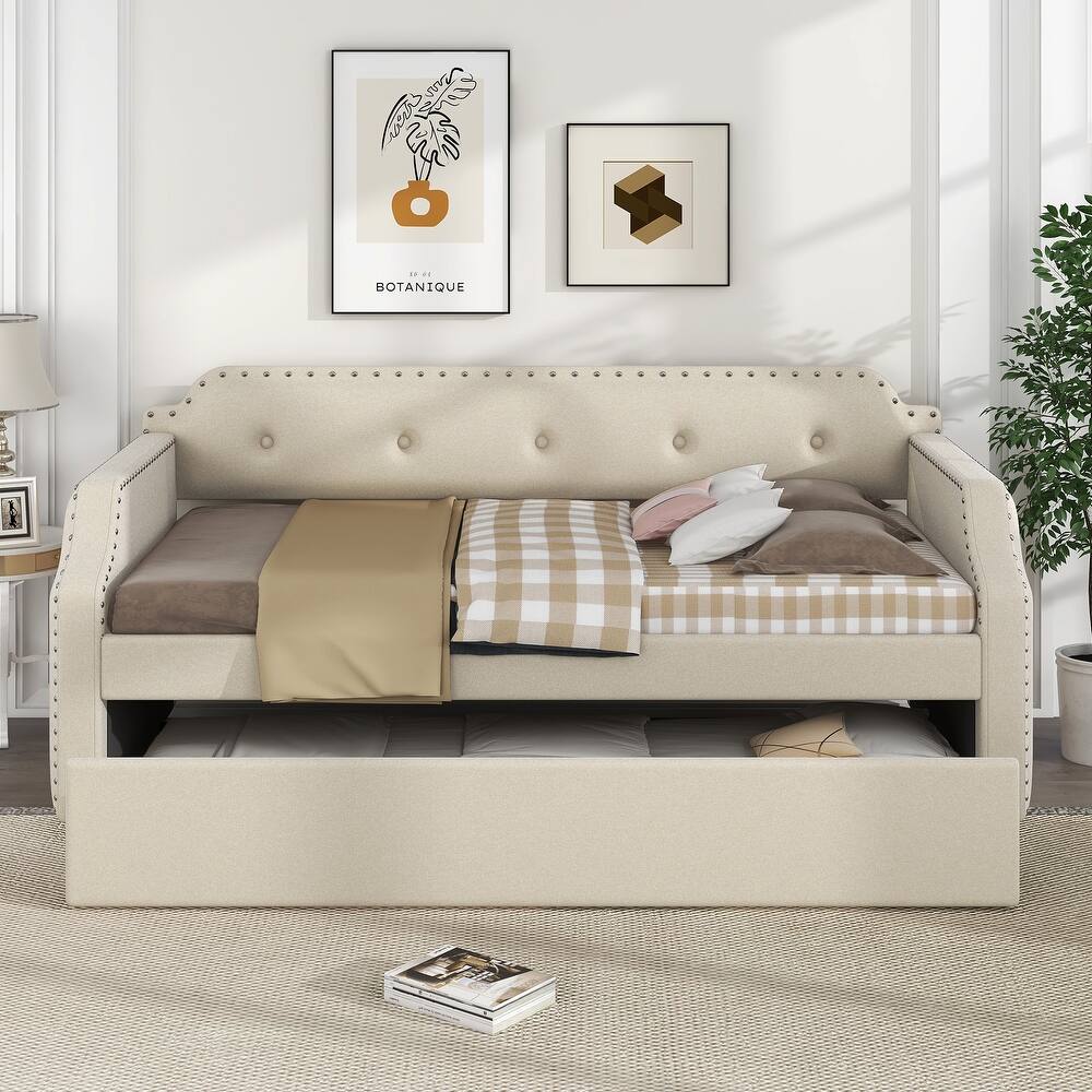 Linen Fabric Daybed with Trundle, Twin Size Upholstered Sofa Bed Frame with Nailhead Trim and Tufted Backrest, Wood Slat Support