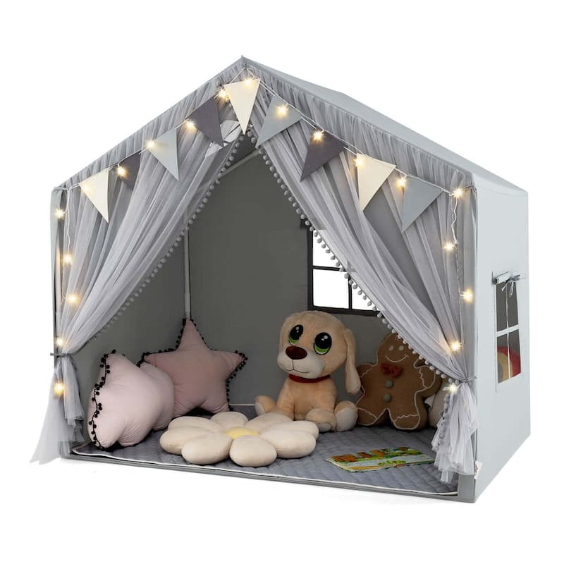 Kids Indoor Playhouse Toddler Play Tent w/ Windows & Cotton Mat - Grey