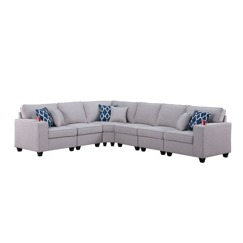 6 Piece Linen Upholstered L-Shape Sectional Sofa in Light Gray