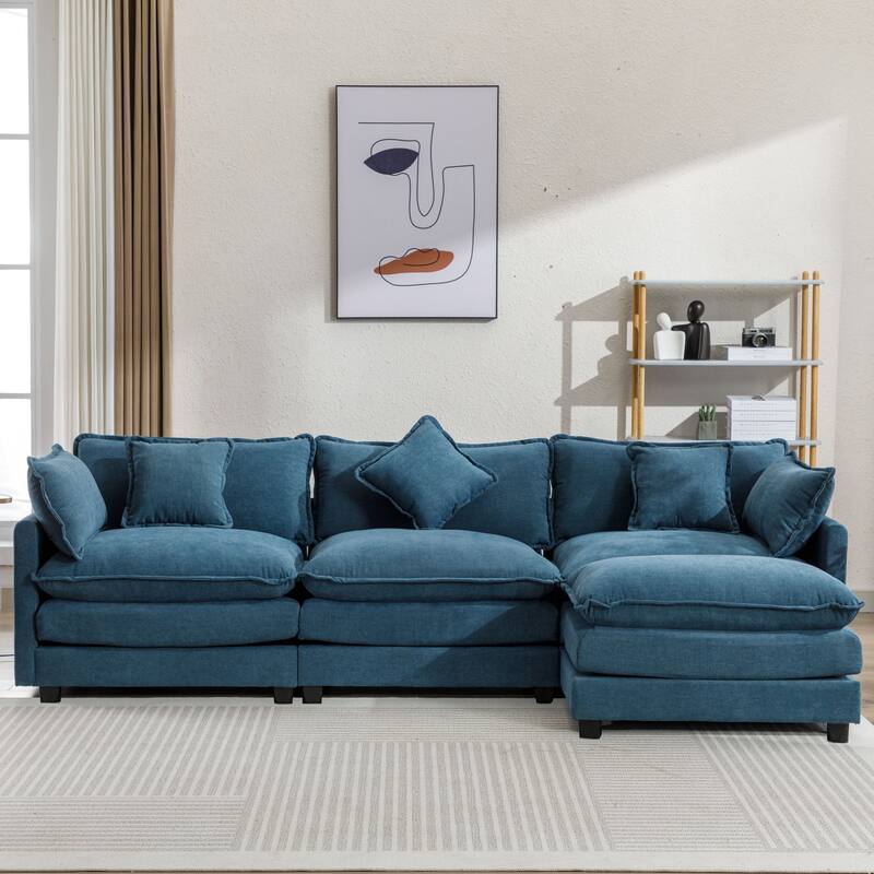 112.2" Modern L-Shaped 4-Seat Sectional Sofa with Removable Ottoman, 5 Plush Pillows, and Sturdy Construction - Blue