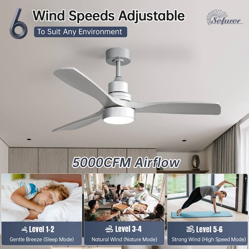 52" Solid Wood Noiseless 3-Blade Ceiling Fans with Dimmable LED Light Optional and Remote, 6-Speed Reversible DC Motor - Silver and Grey Solid wood Blades/With lights