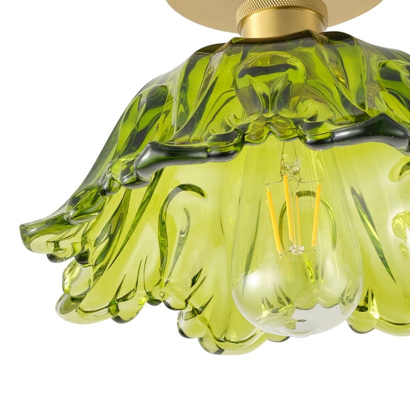 Vintage 1-Light Green Glass Semi Flush Mount Ceiling Fixture with Brass Base