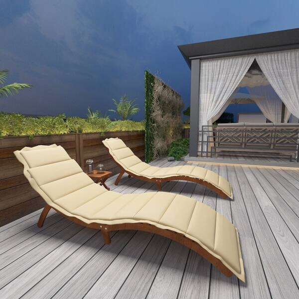 Outdoor Wood Portable Extended Chaise Lounge Set w/ Foldable Tea Table