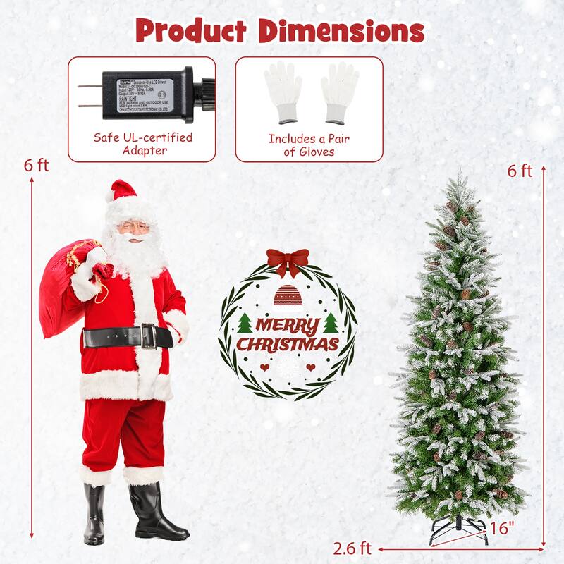 Gymax 6/7.5/9 FT Pre-Lit Artificial Christmas Tree Snow Flocked Hinged