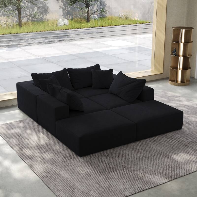 Floor Upholstered Sectional Sofa Modular L Shaped Couch Set with 6 Pillows and Ottomans, Living Room Sleeper Sofa Bed