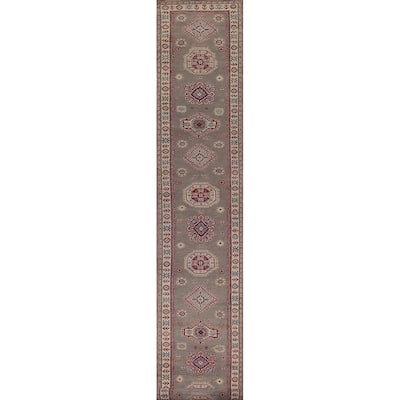 Geometric Kazak Runner Rug Handmade Hallway Wool Carpet - 2'8" x 19'5"