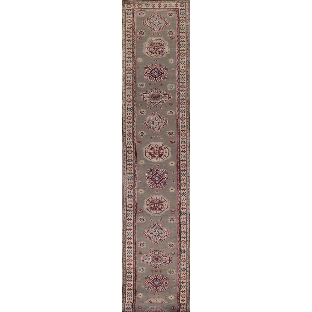 Geometric Kazak Runner Rug Handmade Hallway Wool Carpet - 2'8" x 19'5"
