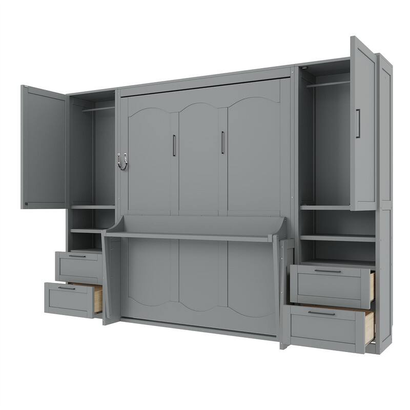 Queen Size Murphy Bed Wall Bed with 2 Wardrobes and 4 Storage Drawers, Foldable Murphy Cabinet Bed w/Open Storage Shelves& Stool