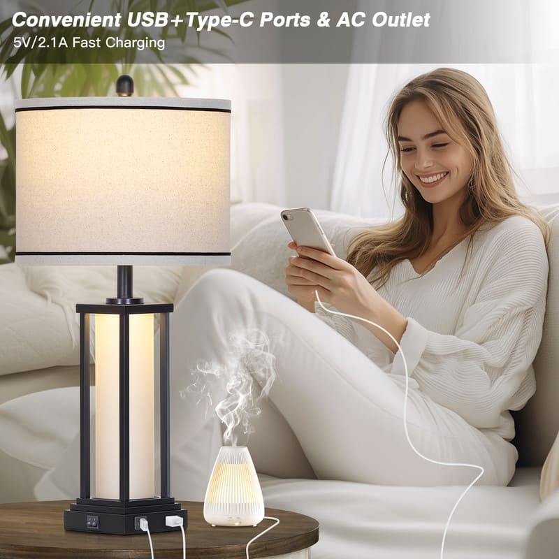 27'' Industrial Table Lamp with USB-C & AC Outlet, Dual Lighting, Black Metal & Glass Frame(Set of 2) - 12.5'' x 12.5'' x 27''