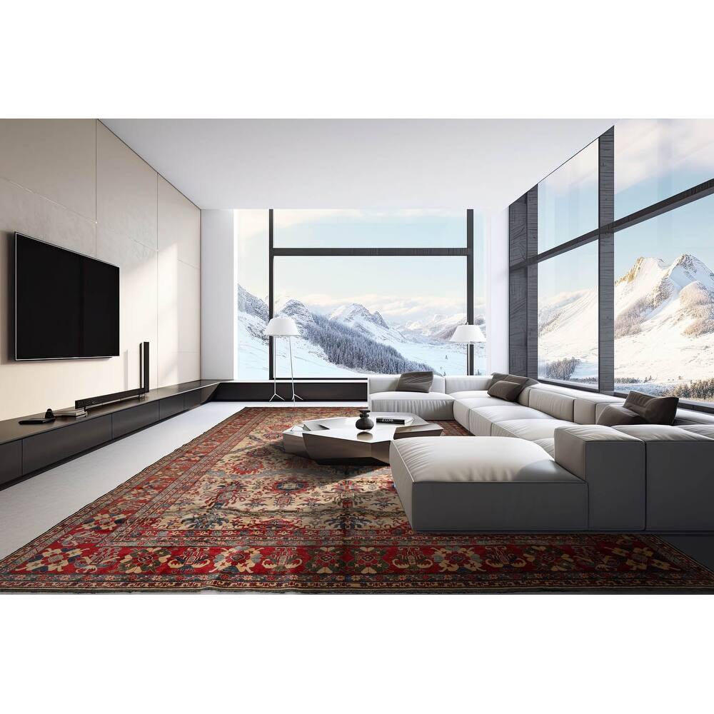 Hand Knotted Kazakh Beige, Coral Wool Traditional Oriental Area Rug - 13' 9'' x 18'