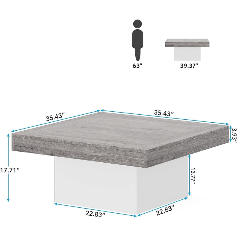 35.4” Square Rustic Wooden Coffee Table with LED Light for Living Room or Bedroom Furniture - 35.4”L x 35.4”W x 17.7”H