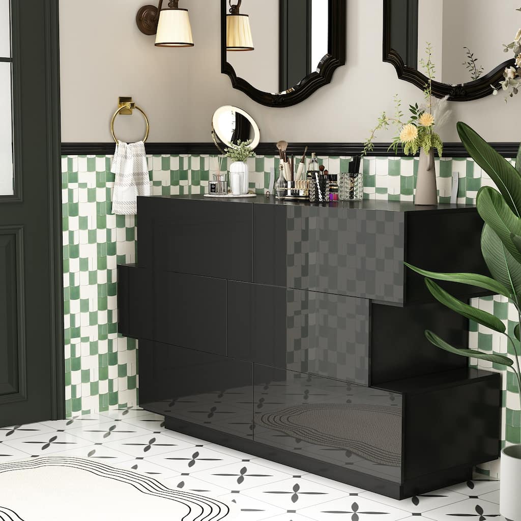 6 Drawer Chest Bedroom Modern High Gloss Wood Dresser Closet Storage