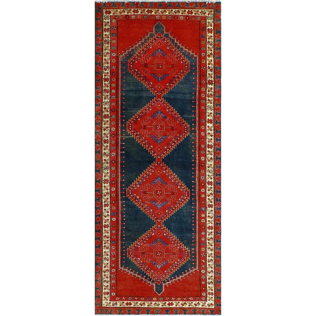 Fine Vintage Distressed Bentleah Navy/Red Runner - 3'9" x 9'11"